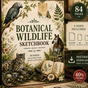 May include: A Botanical Wildlife Sketchbook with 84 pages, featuring a grey parrot, a leopard, and an okapi illustration. The cover displays the text Botanical Wildlife Sketchbook, Observe, Sketch, Discover, and 84 pages for nature lovers, artists & explorers.