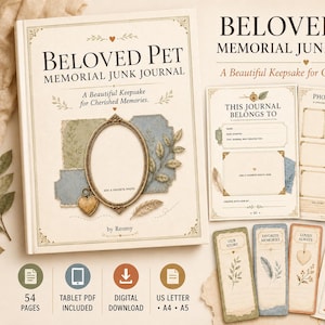 Può includere: Un diario dei ricordi per animali Beloved Pet Memorial Junk Journal da 54 pagine, con copertina dotata di cornice ovale, pagine interne per foto e appunti, e tre segnalibri. Il testo riporta Beloved Pet Memorial Junk Journal, A Beautiful Keepsake for Cherished Memories, This Journal Belongs To, Photo Collage, Our Story, Favorite Memories, Loved Always e Papers & Ephemera Included.