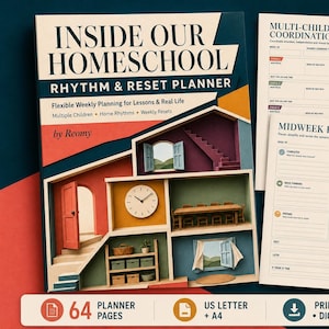 Puede incluir: Un planificador titulado Inside Our Homeschool Rhythm & Reset Planner de Reomy, con una ilustración estilo casa de muñecas con habitaciones, un reloj y muebles. Incluye dos páginas imprimibles: Multi-Child Coordination Plan y Midweek Reset.