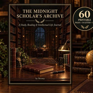 May include: A digital journal cover titled The Midnight Scholar's Archive, A Study, Reading & Intellectual Life Journal by Reomy. The image features a dark library interior with bookshelves, a desk, and a globe. A circular badge indicates 60 printable pages in US Letter and A4 sizes.