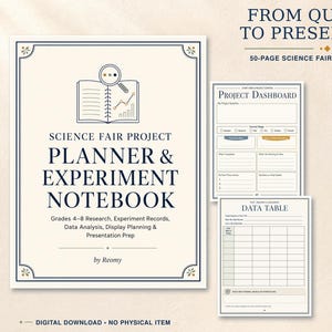 May include: A 50-page science fair project planner and experiment notebook with a cream background and dark blue text. The cover features an open book icon with a magnifying glass. Interior pages include a project dashboard, hypothesis builder, data table, and display board map.