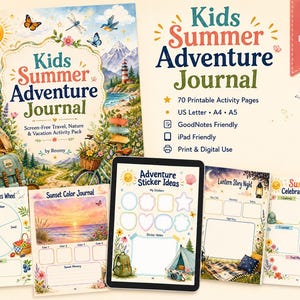 May include: A digital Kids Summer Adventure Journal download featuring 70 printable activity pages. The cover displays a colorful nature scene with a tent, bicycle, and mountains. Includes pages for sticker ideas, summer senses, and celebration reviews.