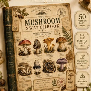 Vintage Watercolor Mushroom Swatchbook, Woodland Journal Pages, Nature Study Ephemera (Digital Download)