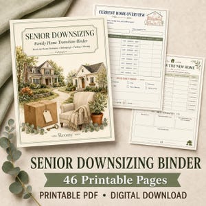 Op de afbeelding: Een Senior Downsizing Family Home Transition Binder met 46 printbare pagina's. De omslag toont een illustratie van huizen, een doos en een fauteuil. Inbegrepen zijn pagina's met de titels Current Home Overview en For The New Home.