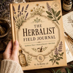 Puede incluir: Un libro de tapa dura titulado The Herbalist Field Journal por Reomy con una cubierta de color crema que presenta ilustraciones botánicas de lavanda, manzanilla y salvia, junto con un gráfico de mortero con mano y una pequeña botella de boticario.
