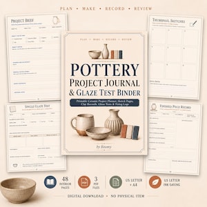 May include: A Pottery Project Journal & Glaze Test Binder digital download featuring a cover with ceramic illustrations and four interior page templates including a Project Brief, Thumbnail Sketches, Single Glaze Test, and Finished Piece Record.