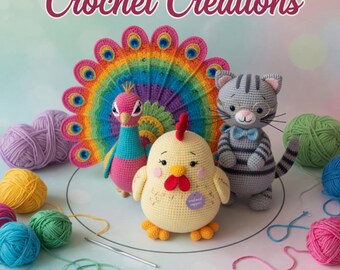 Amigurumi Crochet Pattern Bundle: Peacock, Chicken, Desk Cat (3 PDF Patterns)