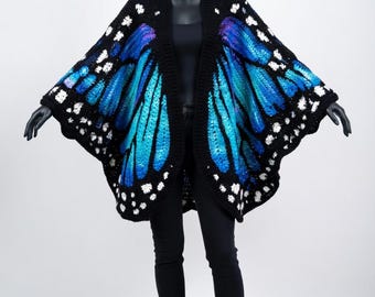 Blue Morpho Butterfly Crochet Cardigan Pattern PDF – Oversized Winged Sweater – Fantasy Nature Inspired Crochet