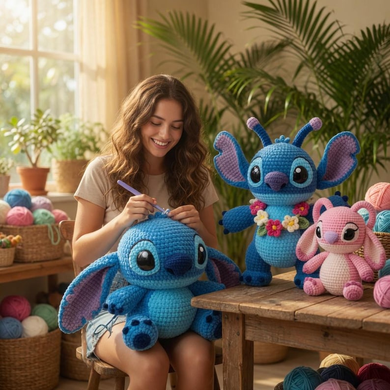 May include: A woman crocheting a large blue stuffed animal with oversized ears. Two finished blue stuffed animals and a pink one are on a wooden table. Yarn balls in various colors are in baskets and on the table.