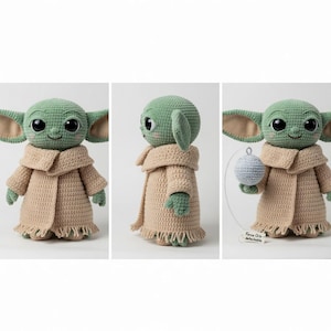 Puede incluir: Mu&ntilde;eco de ganchillo de un personaje con ojos grandes, piel verde y orejas grandes. El mu&ntilde;eco lleva un abrigo color beige y sostiene una peque&ntilde;a bola gris. El mu&ntilde;eco mide aproximadamente 20 cm de alto.
