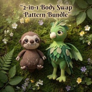 Può includere: Un pacchetto di modelli all'uncinetto con due animali amigurumi: un bradipo marrone e un uccello verde. Il bradipo ha una faccia marrone chiaro e un'espressione sorridente. L'uccello ha piume verdi e un volto amichevole. Il testo recita "2-in-1 Body Swap Pattern Bundle".