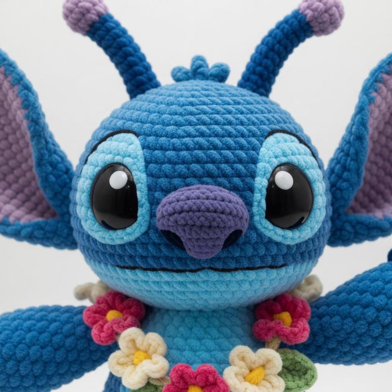 May include: A handmade blue crochet plush toy of a cartoon character with large black eyes, a purple nose, and large ears. The character is wearing a flower lei with pink, yellow, and white flowers.