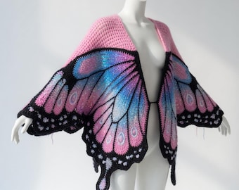 Iridescent Pink Butterfly Crochet Cardigan Pattern | Oversized Morpho Wing Sweater (PDF Download)