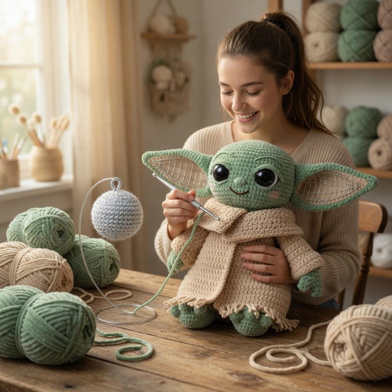 Puede incluir: Una mu&ntilde;eca Baby Yoda verde y beige tejida a ganchillo es sostenida por una persona. La mu&ntilde;eca tiene grandes ojos negros y una t&uacute;nica beige. Varias madejas de hilo en tonos verdes y beige est&aacute;n sobre la mesa de madera. Una bola gris tejida a ganchillo cuelga.
