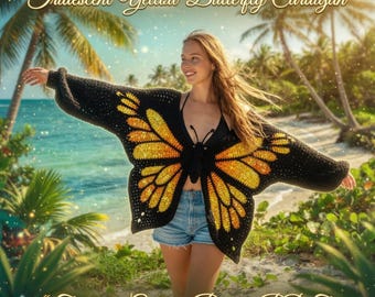 Yellow Butterfly Crochet Cardigan Pattern | Oversized Fantasy Wing Sweater (PDF Download)