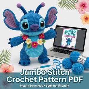 May include: A blue crochet Stitch doll with a flower lei stands next to a laptop displaying a "Jumbo Stitch" pattern. The image includes blue yarn, a crochet hook, and the text "Jumbo Stitch Crochet Pattern PDF".