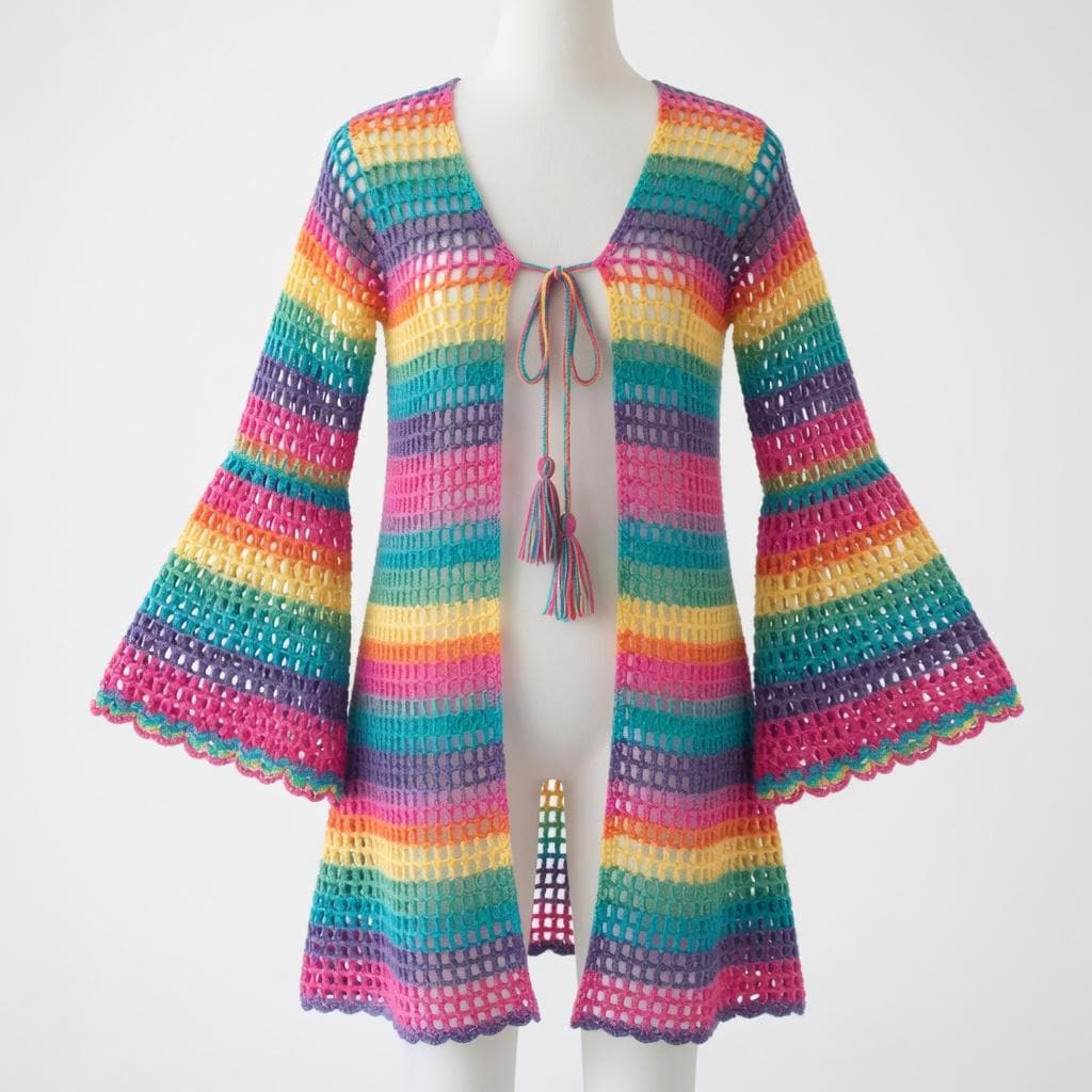 30 Duster Crochet Patterns for Boho Layers, Lace Cardigans, and Statement Coats 14 Rainbow Mesh Bell-Sleeve Duster