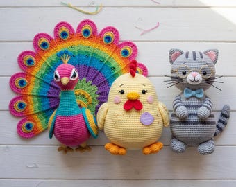 Amigurumi Crochet Pattern Bundle: Peacock, Chicken, Desk Cat (3 PDF Patterns)