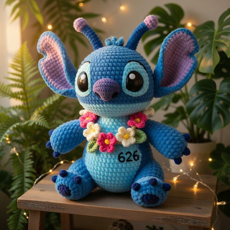May include: A handmade blue crochet plush toy of a cartoon character with large ears, a purple nose, and big eyes. It wears a flower lei and has the number "626" on its chest. The toy is sitting on a wooden surface.