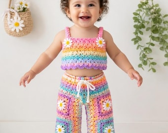 Rainbow Daisy Crochet Baby Outfit Pattern | Pastel Boho Crop Top Pants Set (PDF Download)