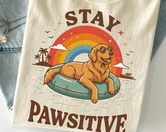 Stay Pawsitive Golden Retriever PNG, Beach Dog Sublimation Design, Summer Dog Shirt Graphic, Retro Sunset Puppy Clipart, Dog Mom Gift png