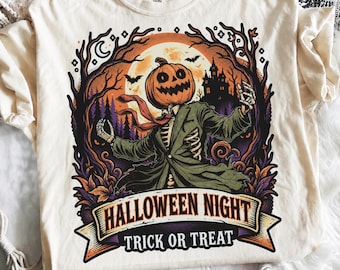 Szkielet głowy dyni na Halloween PNG, grafika na Halloween „Cukierek albo psikus”, projekt koszulki vintage z okazji strasznego sezonu do pobrania