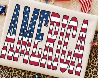 Projekt koszulki „America”, napisy na amerykańskiej fladze, patriotyczny wzór sublimacji, 4 lipca, PNG, grafika na Dzień Niepodległości, koszulka USA, PNG
