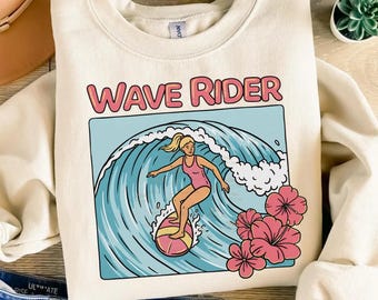 Wave Rider PNG, Letni projekt Surf Girl, Grafika retro surfingu na plaży, Koszulka z tropikalnym hibiskusem PNG, Sublimacja na wakacje nad morzem do pobrania