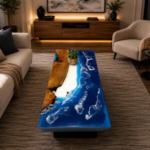 Blue Ocean Wave Epoxy Resin Dining Table With Natural Acacia Wooden Live Edge And Luxury Modern Design.