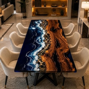 Luxury Ocean Epoxy Resin Dining Table, Live Edge Wood River Table, Handmade Furniture