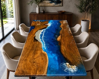 Mesa de comedor artesanal de resina epoxi con diseño de olas del océano – Muebles de madera de acacia con borde natural.