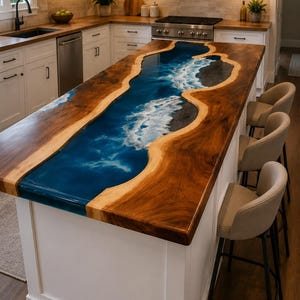 Blue Epoxy Resin Dining Table Acacia Wooden Handmade Kitchen slab Countertop Ocean Waves Live Decor