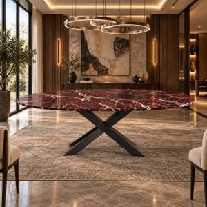 Op de afbeelding: Een grote, ronde eettafel met een dieprood marmeren blad met opvallende witte aders. De tafel wordt ondersteund door een zwart metalen onderstel bestaande uit twee kruisende diagonale poten die in het midden een X-vorm vormen.