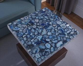 Mesa de centro cuadrada hecha a mano con tablero de piedra de ágata azul, lujosa pieza de piedra preciosa, muebles de diseño moderno con detalles de cristal.
