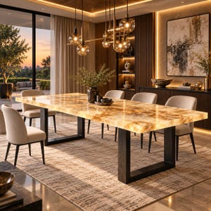 Puede incluir: Una mesa de comedor rectangular con un tablero de piedra ónix pulida en tonos ámbar translúcidos y dos patas gruesas de metal negro en forma de U. La mesa está rodeada por seis sillas tapizadas en tela beige claro con patas oscuras.