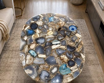Mesa de comedor ovalada de lujo con piedras preciosas, mesa de centro de ágata hecha a mano para interiores elegantes.