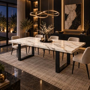 Op de afbeelding: Een rechthoekige eettafel met een wit marmeren blad met grijze aders en twee zwarte, U-vormige metalen poten. De tafel is omringd door vier beige gestoffeerde stoelen met zwarte poten, wat een samenhangende set vormt voor de eetkamer.