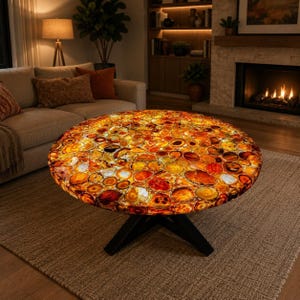 Mosaico de pedras preciosas redondas de ágata vermelha para tampo de mesa, ideal para decoração de interiores elegante e moderna de corredores.