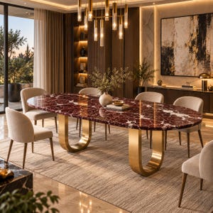 Op de afbeelding: Een ovale eettafel met een gepolijst dieprood marmeren blad met witte aders, ondersteund door twee grote U-vormige onderstellen van geborsteld goudkleurig metaal. De tafel is omringd door zes beige gestoffeerde stoelen met dunne, taps toelopende poten.