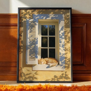 Ginger Cat Napping on Sunny Window Sill Print, French Countryside Wall Art, Shutter Oil Painting Poster, Framed Kitchen Decor, Cat Gift