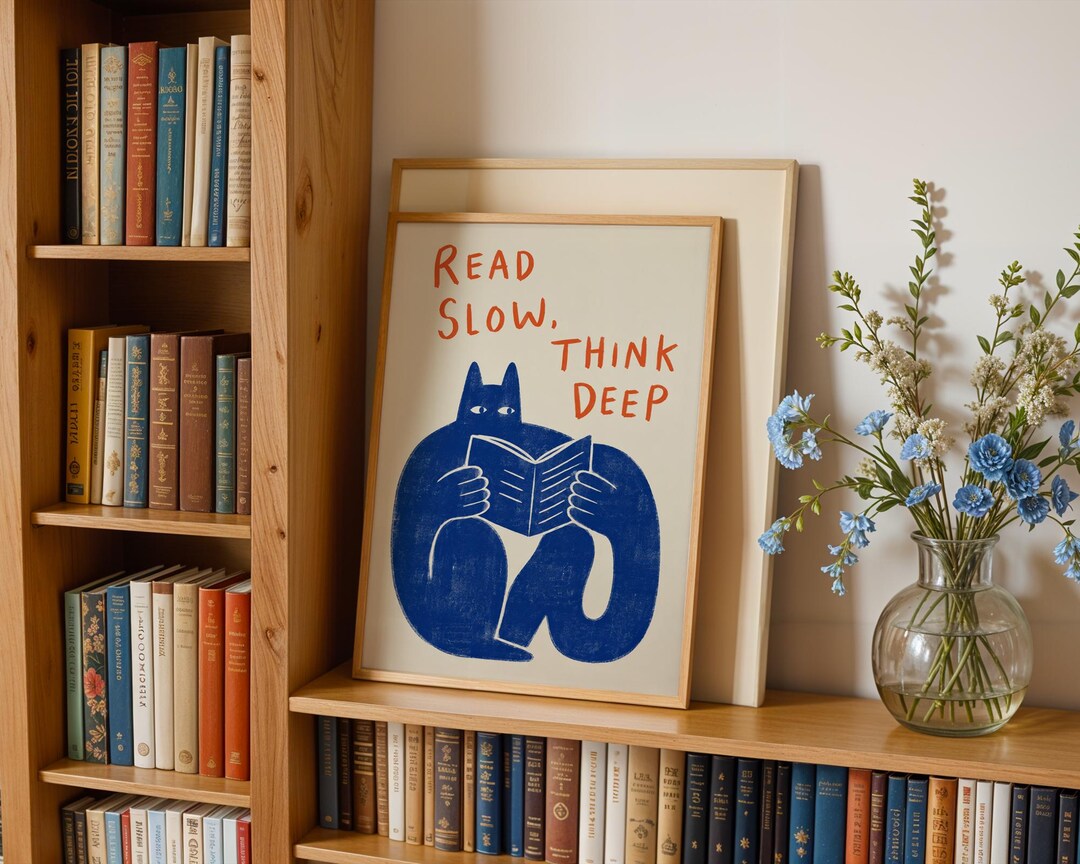 Read Slow Think Deep Cat Art Print, Funny Bookworm Wall Art, Blue Naive ...