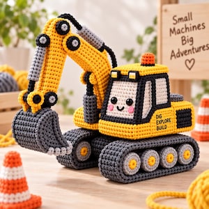 Pode incluir: Uma escavadora de croché amarela e cinzenta com uma cara sorridente, contornos pretos e uma cabine com o texto "DIG EXPLORE BUILD". O veículo de construção tem um braço móvel, uma pá e lagartas, tudo feito com pontos de fio detalhados.