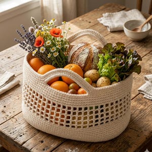 May include: A cream-colored, crocheted tote bag filled with fresh produce and flowers. The bag contains oranges, tomatoes, potatoes, lettuce, a loaf of bread, and a bouquet of wildflowers. The bag has two handles and a lattice design.