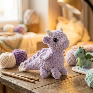 May include: A lavender crocheted dragon with white horns, wings, and claws sits on a wooden surface. A smaller green dragon is in the background. Crochet hooks and yarn balls in various colors are also visible.