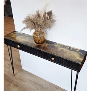 Handgemaakte epoxy consoletafel met plank en gegroefd front - Massief hout
