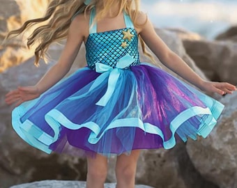 Mermaid Tutu Dress for Girls, Blue Purple Sequin Party Dress, Under the Sea Birthday Outfit, Toddler Halloween Costume, Princess Twirl Dress