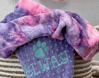 Personalized Pet Blanket, Unicorn Sorbet tie dye with Minky Dot Back, Custom Dog Gift, Custom Dog Blanket