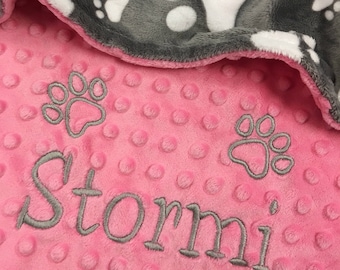 Personalized Paw Print Blanket, Gray Paw Print Dog Blanket, Pink Paw Print Puppy Blanket, Personalized Dog Blanket, Medium Size (30x36")