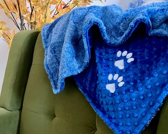 Personalized Heather Electric Blue and You Choose Minky dog kitty Blanket, Paw Puppy Blanket, Christmas Gift for New Puppy, Ultra Soft Blue