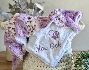 Lavender Wild Lynx with You Choose Minky Minky Back Personalized Paw Print Blanket, Paw Print Puppy Blanket, Personalized Dog Blanket